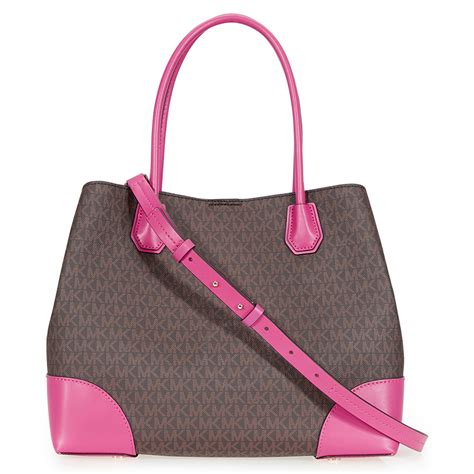 michael kors purse brown with mk and light pink accents|Michael Kors large pink tote.